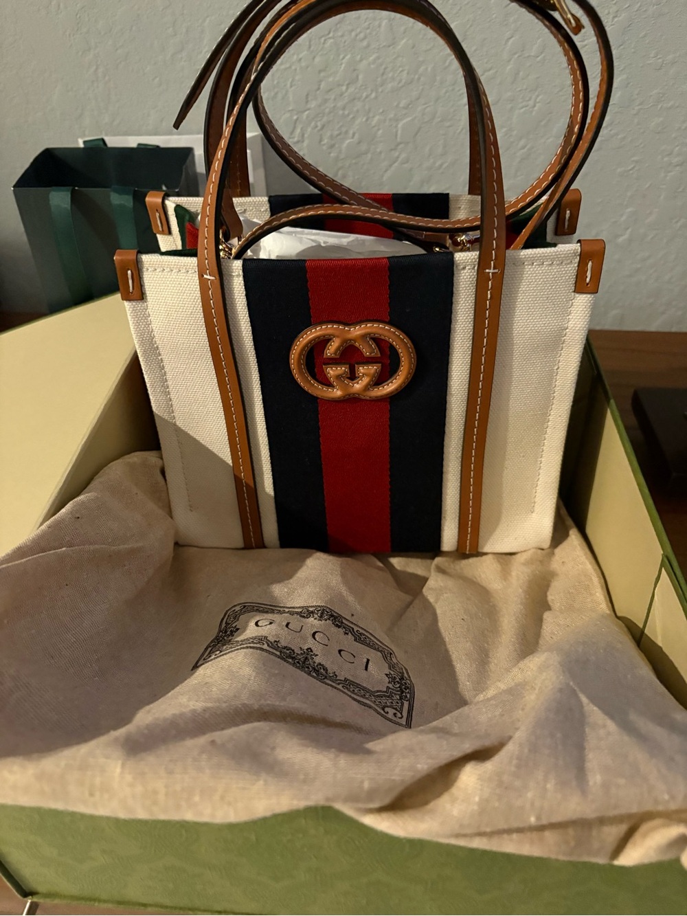 Gucci Cream Canvas Mini Tote with Navy & Red Stripe and Tan Trim